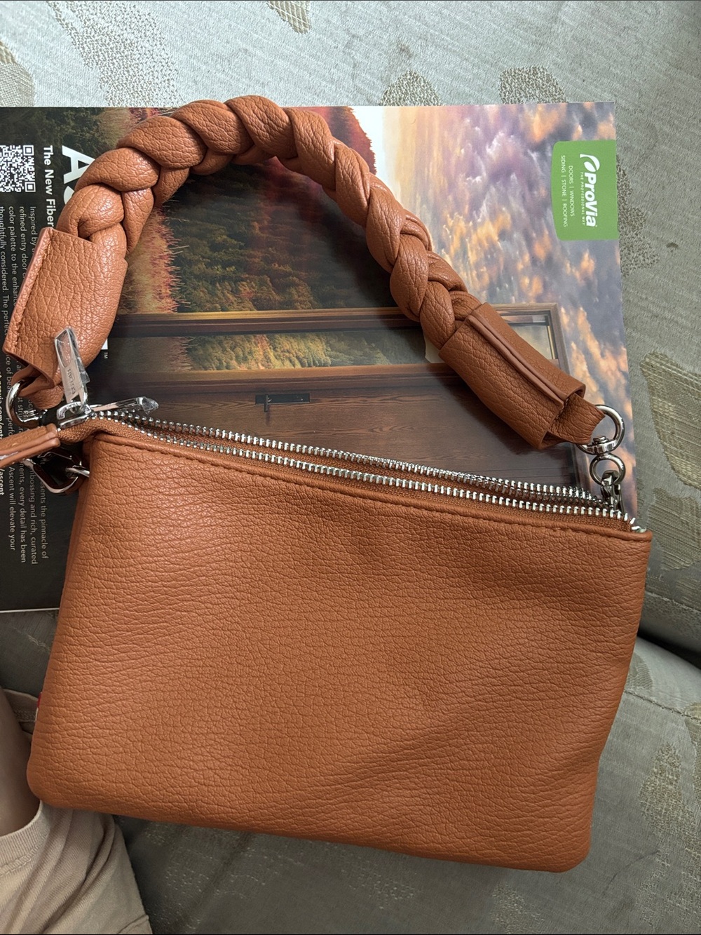 Tan Leather Braided-Handle Wristlet Clutch